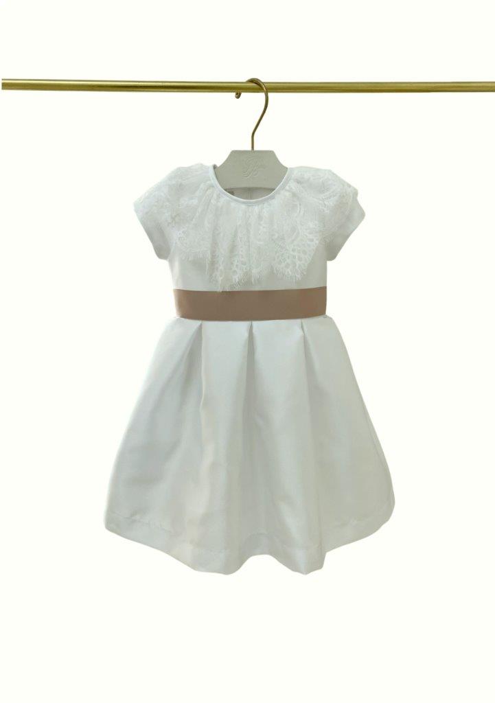 Vestido Zibeline Branco com faixa nude Festa - 10649