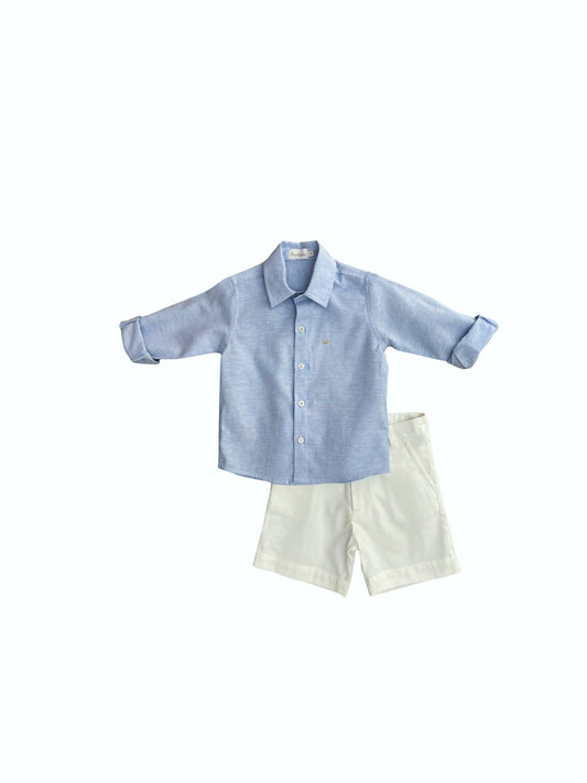 Conj. camisa clássica azul com bermuda branca Lino - 11075